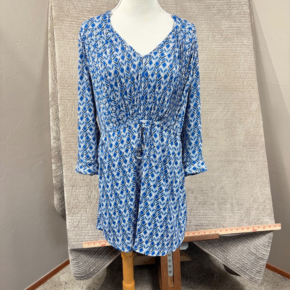 Maeve Anthropologie Blue Geometric Diamond Smocked Drawstring Tunic Dress Small